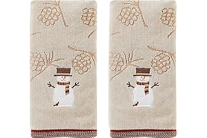 SKL Home Christmas/Winter Woodcut Snowman Hand Towel 2pc Set for Bath/Kitchen/Bar & Gift, Wheat