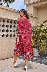 HECCPLI Women's Bohemian V Neck Floral Print A-line