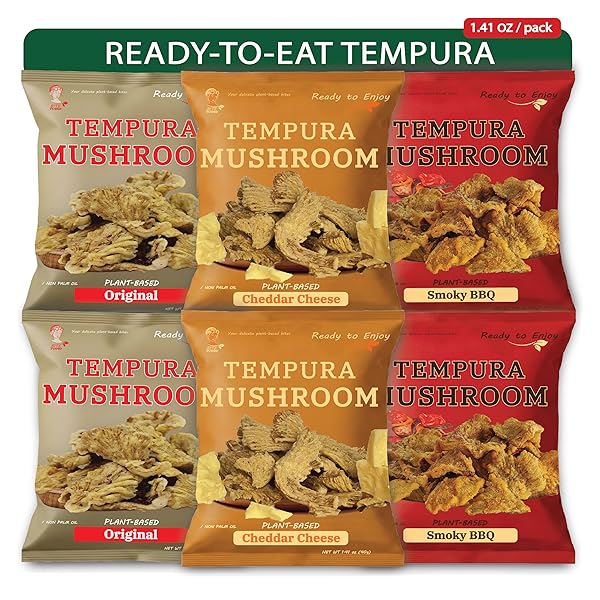 BITETUOSO TEMPURA MUSHROOM CHIPS, TEMPURA-STYLE MUSHROOM SNACK, READY-TO-EAT CRISPY OYSTER MUSHROOMS, PLANT-BASED CRISPY SNACK, ORIGINAL BBQ PLANT-BASED CHEDDAR VARIETY PACK, INDIVIDUALLY WRAPPED 1.41OZ (6 PACK)