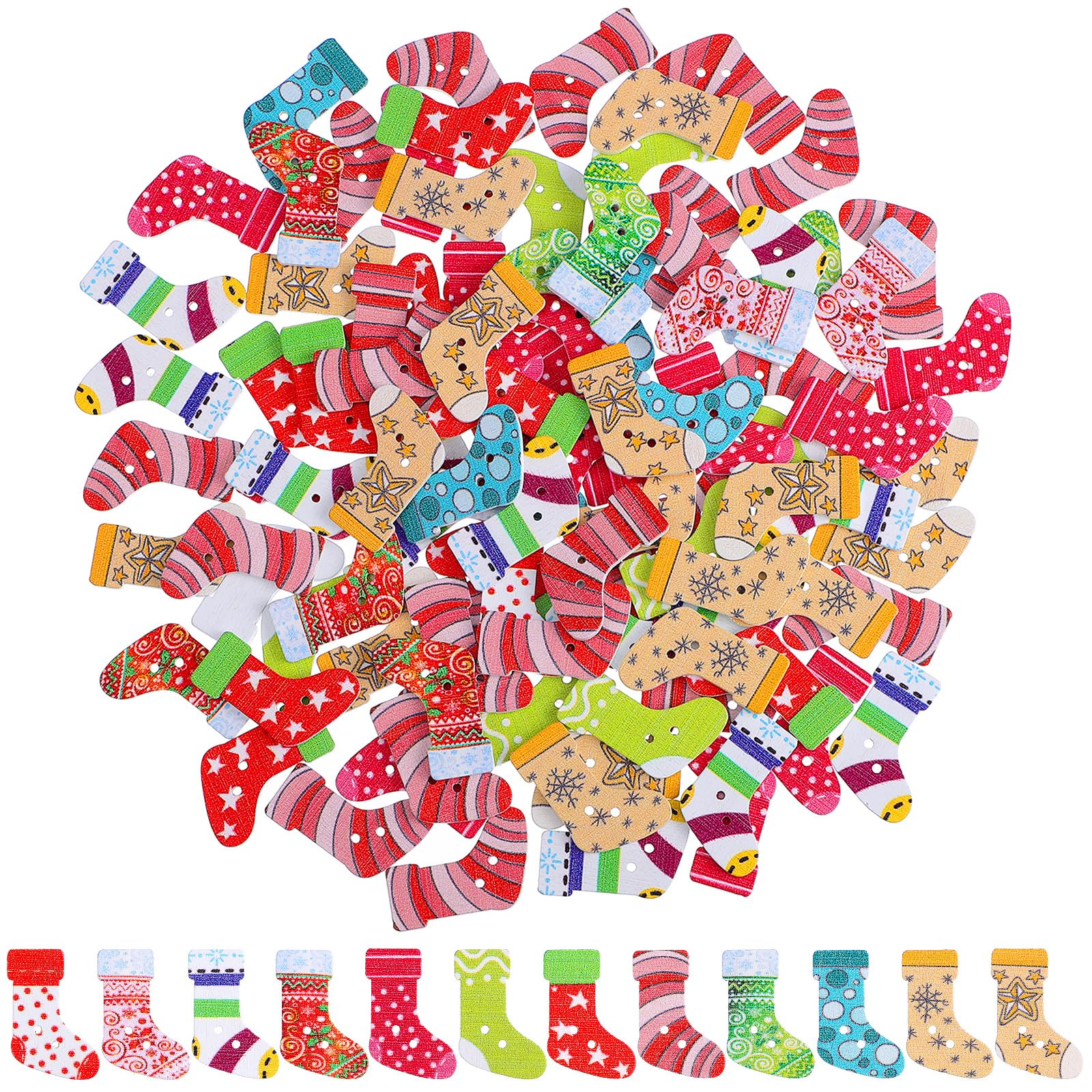 Amosfun Christmas Wooden Buttons Stocking Shape 100Pcs Creative Two-Hole Craft Buttons for Sewing Scrapbooking Xmas Stocking Decorations