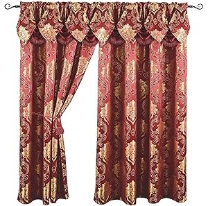 Luxury Jacquard Curtain Panel with Attached Waterfall Valance, 54 by 84-Inch Angelina Burgundy