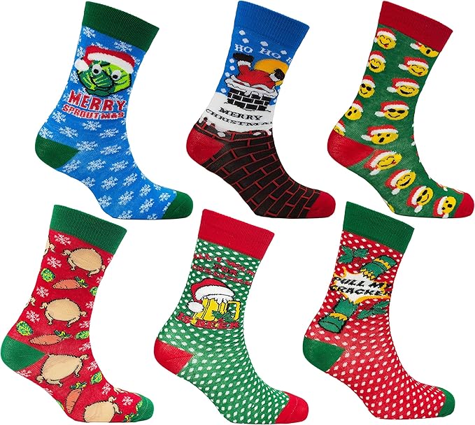 Sockstack® Pack Of 6 Men's Christmas Socks, Novelty Xmas Stocking