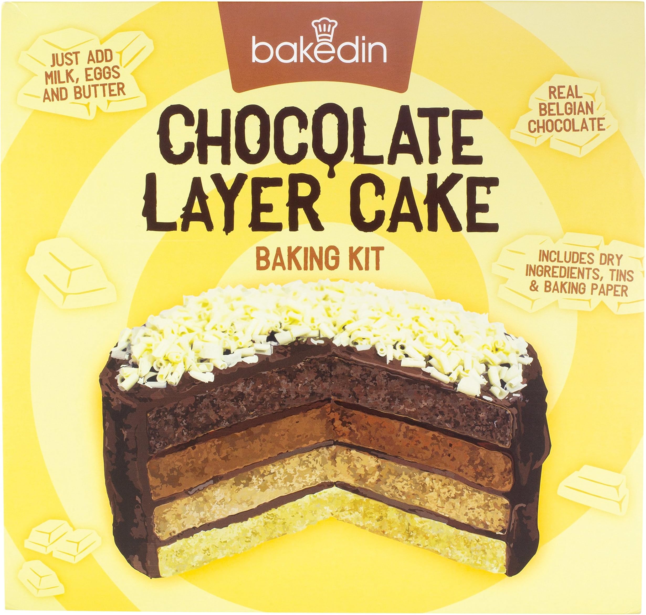 Bakedin Chocolate Layer Cake Baking Kit, 1000g - 1000g- Includes Cake Mixes, 4 Baking Tins, Baking Paper, Belgian Chocolate Curls, Cake Board - All Natural Ingredients