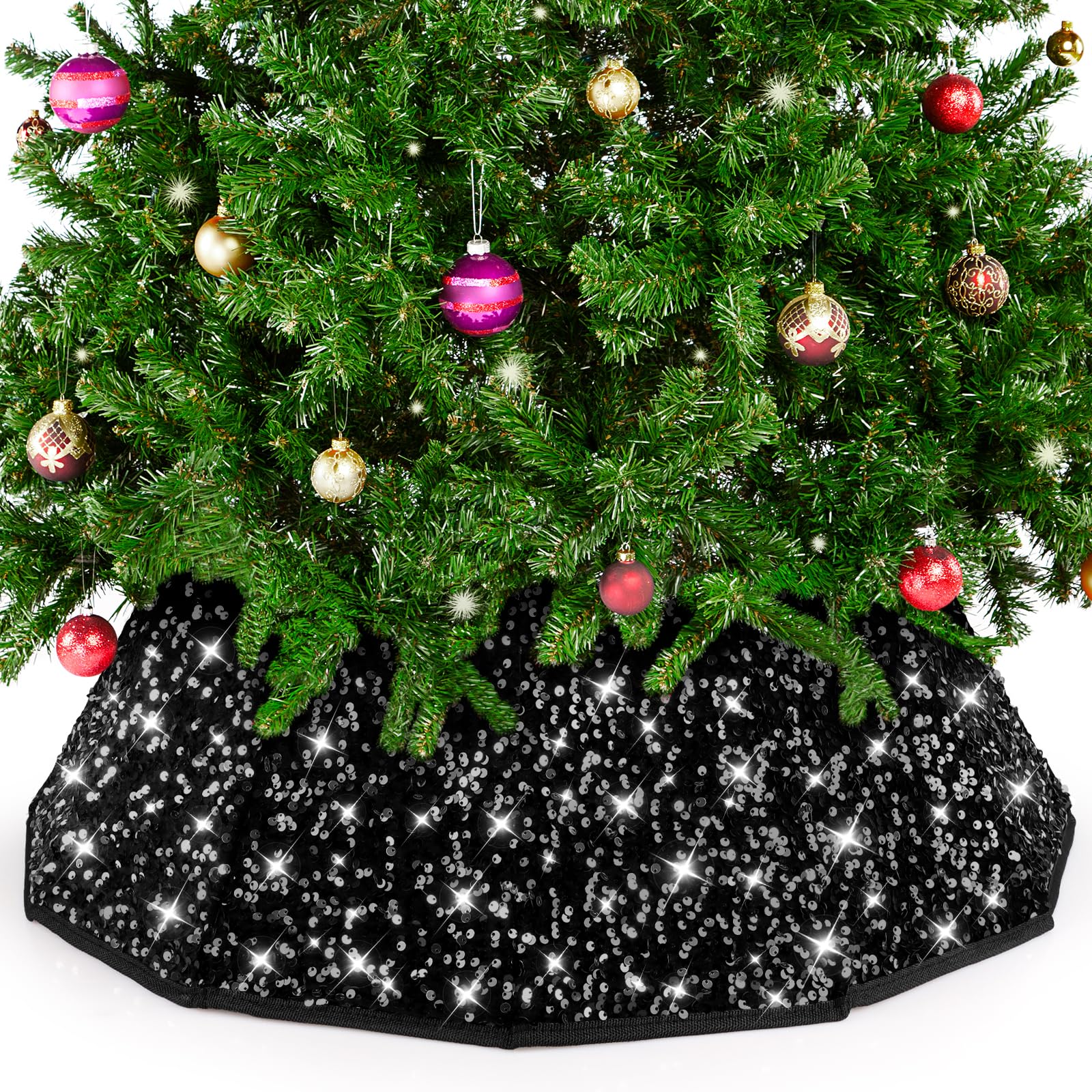 Photo 1 of Adecortalk 24 Inch Black Christmas Tree Collar Christmas Tree Base Cover Ring Tree Skirt Decorations for Xmas New Year Holiday Party Decor