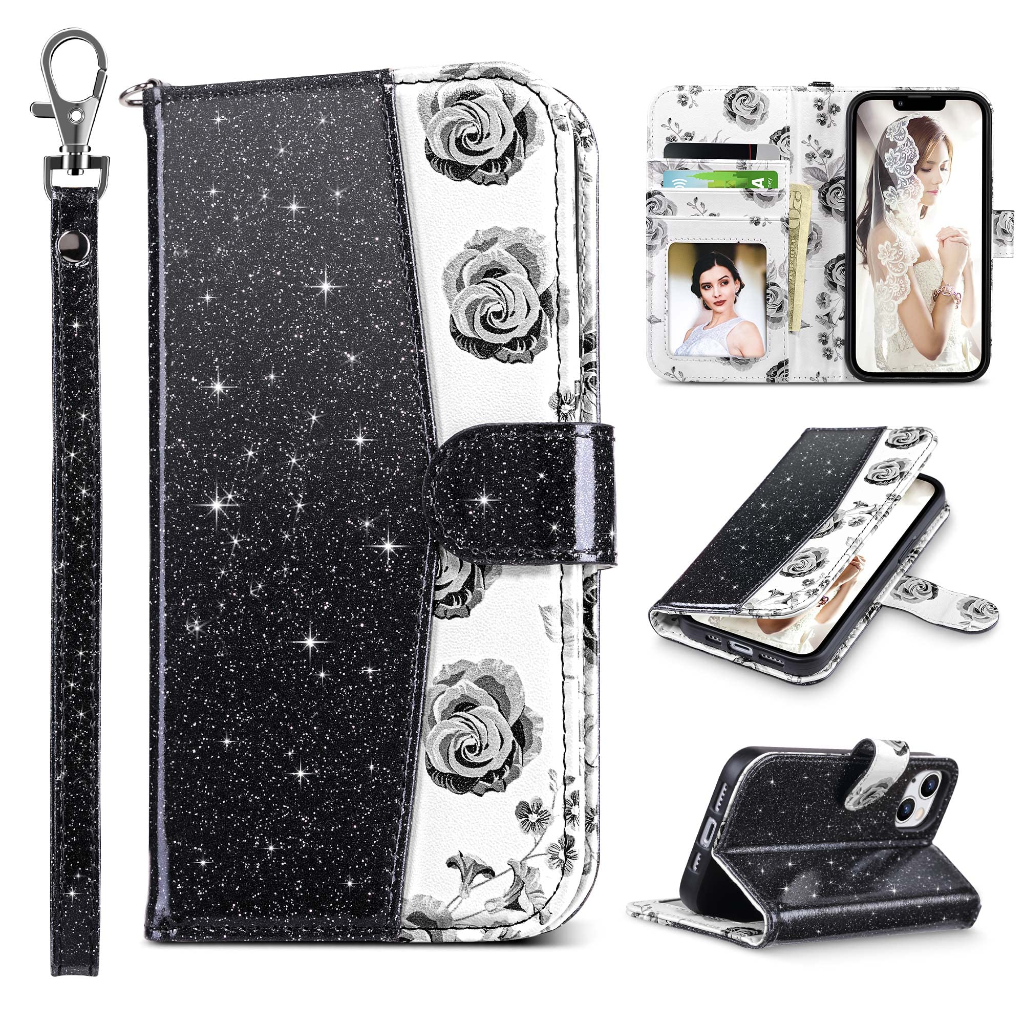 Photo 1 of ULAK Compatible with iPhone 13 Wallet Case for Women, Premium PU Leather Flip Cover with Card Holder and Kickstand Feature Protective Phone Case Designed for iPhone 13 6.1 inch, Glitter Black