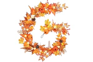 SHUOTAO 6ft Fall Maple Leaves Garland with Fern, Willow Stems, Berry, Pumpkins, pinecones. Artificial Autumn Harvest Garland for Festivals, Thanksgiving, Halloween, Fireplace Porch Indoor Outdoor Decoration