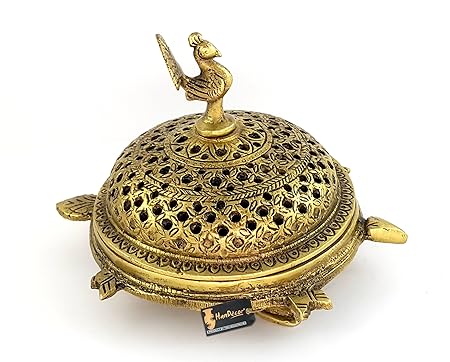 Two Moustaches Brass Peacock Incense Burner On a 3 Legged Tortoise Stand (Yellow)