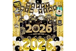 DMIGHT Happy New Year Eve Party Decoration Supplies, 2026 New Years Eve Black and Gold Backdrop, Happy New Year Banner, Fringe Curtains and Foil Balloon, Swirls