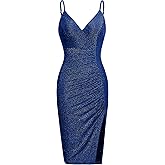oten Women's Sexy Sparkle Dresses V Neck Spaghetti Straps Ruched Slit Bodycon Cocktail Party Midi Dress