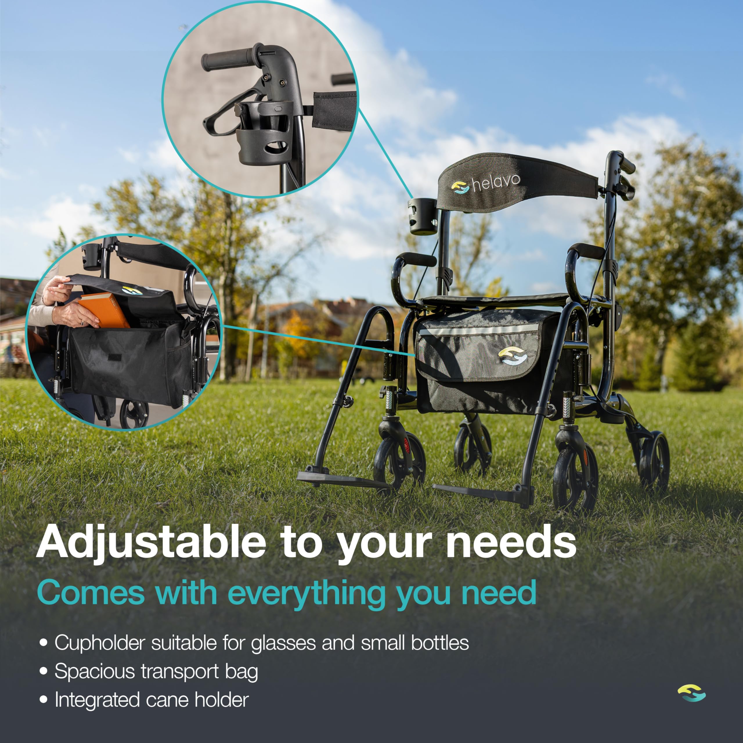 Helavo 2 in 1 Walker Wheelchair Combo - Foldable Aluminum Rollator with Footrests - Convertible to a Transport Chair, 300 lbs Load Capacity - Maximum Mobility in All Situations