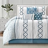 LANCO MODERN LIFESTYLE Blue King Comforter Set, 7 Pieces All Season Bedding Sets in a Bag with Geometric Terry Embroidered Comforter, Bed Skirt, Pillow Shams and Decorative Pillows
