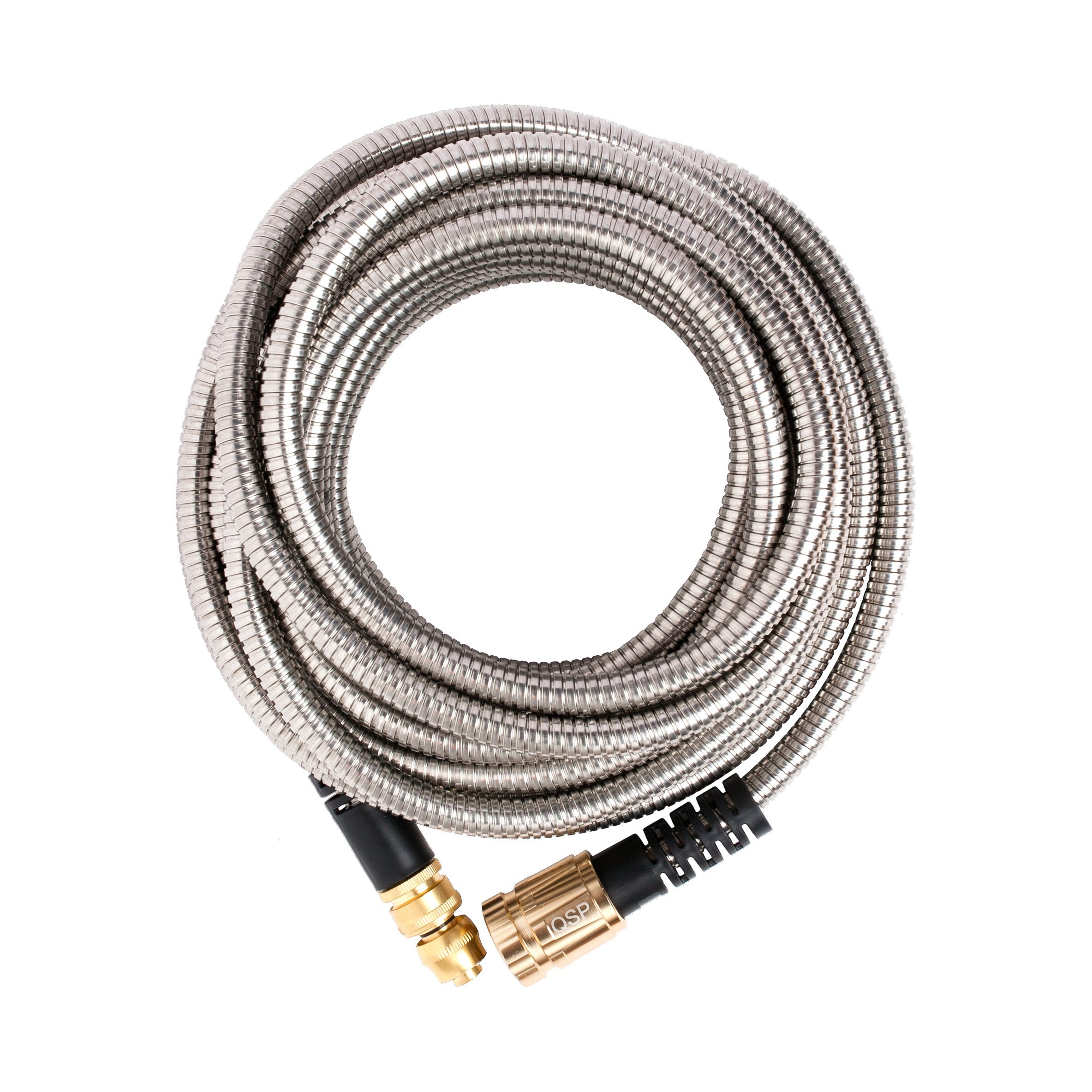 50' Metal Garden Hose By QSP, Stainless Steel with Brass Sprayer