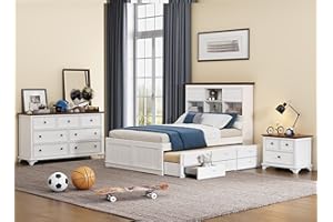 Merax White+Walnut Modern Rustic Wood Bedroom Size Captain Bed Frame with Trundle, Closet Dresser, Night Stand with Drawers, Easy Assemble, Full Set-3 Piece