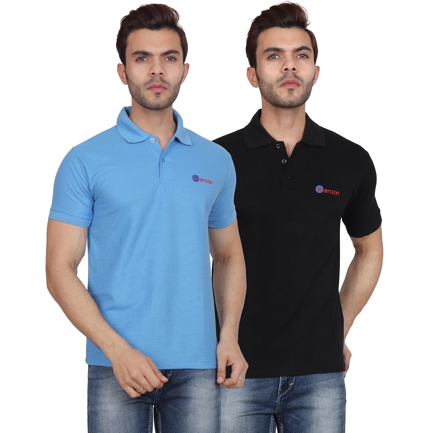 sky blue shirt and black jeans