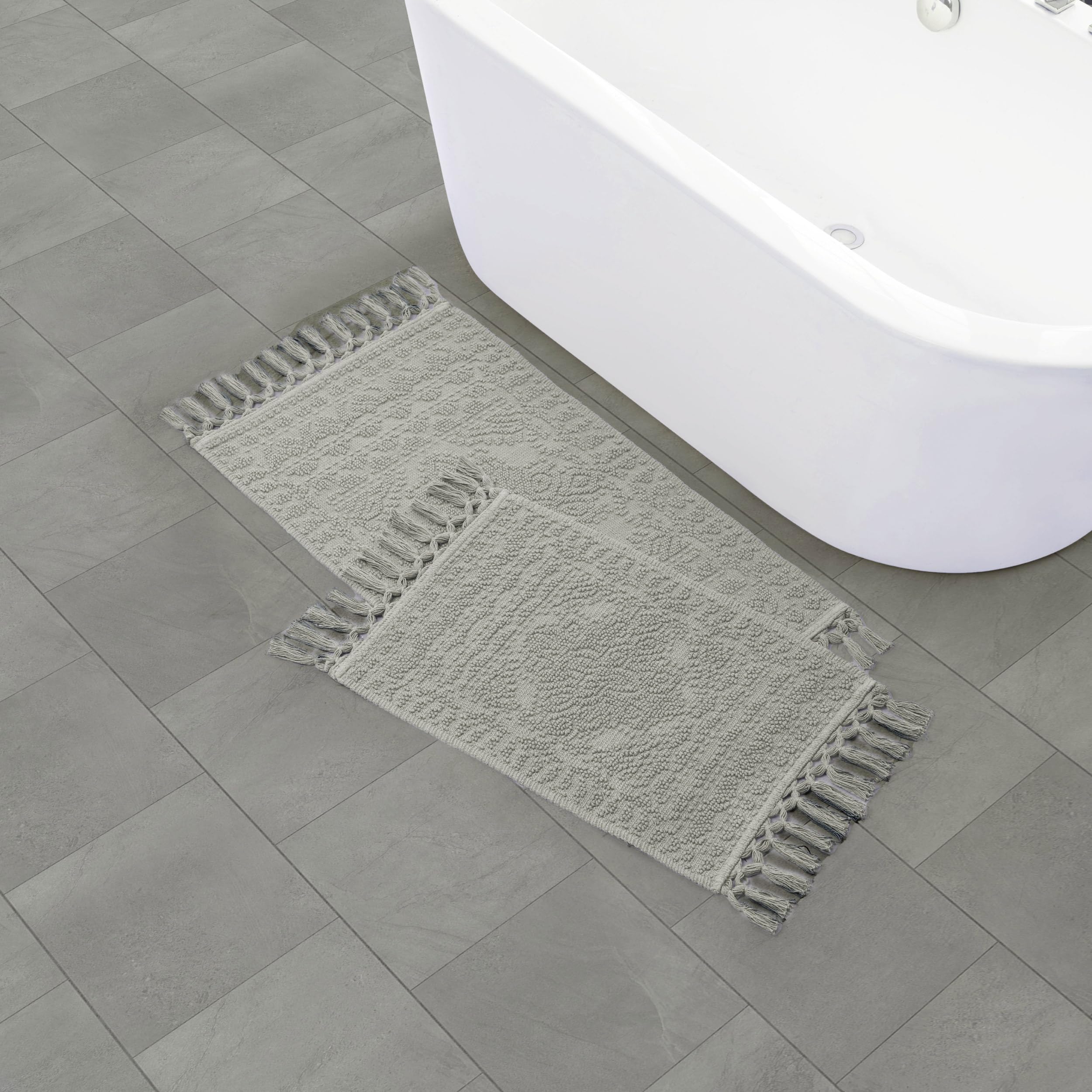 French Connection Nellore Bathroom Rugs, Set of 2 Woven and Beaded Bathroom Mats, Durable Bath Rugs, Thick Bath Mats for Bathroom and Shower Rugs, 17" x 28" and 20" x 38", Medium Grey Image