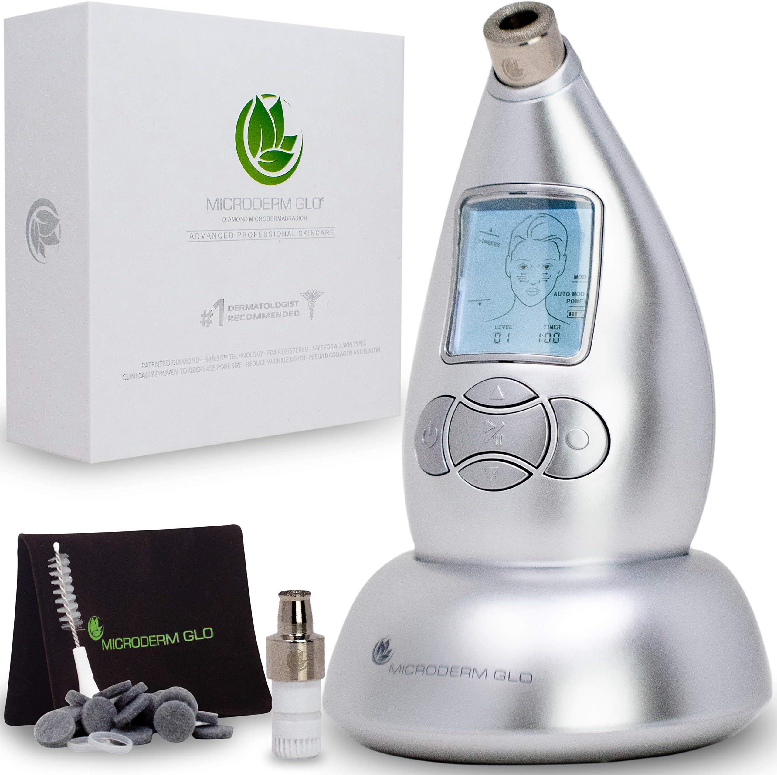 Microderm GLO Diamond Microdermabrasion Machine and Suction Tool - Clinical Micro Dermabrasion Kit for Tone Firm Skin, Advanced Home Facial Treatment System & Exfoliator For Bright Clear Skin