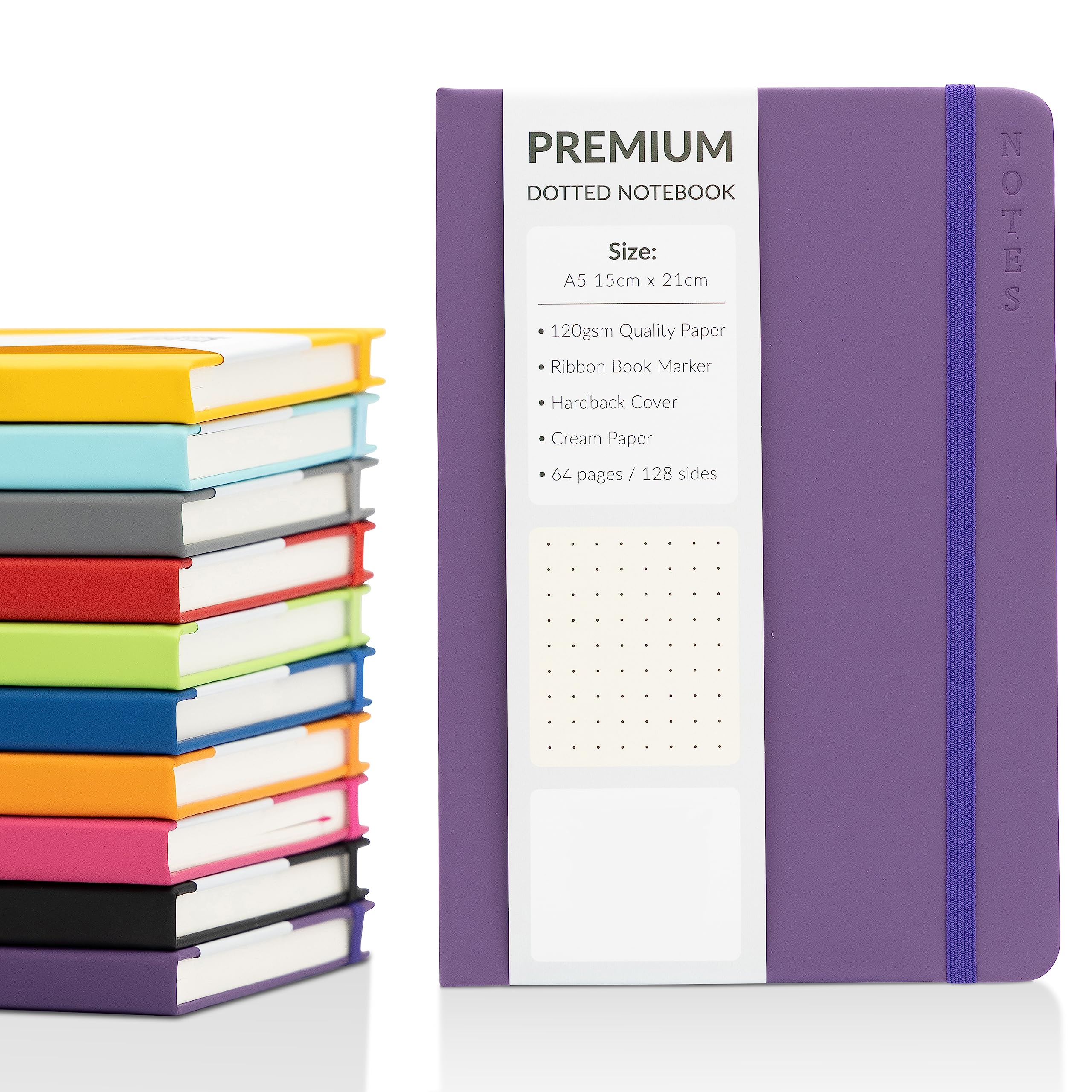 evelay Bullet Journal A5 Dotted Notebook with Faux Leather Hardback Cover and Premium 120gsm Thick Dot Grid Paper (128 Cream Pages, Purple)