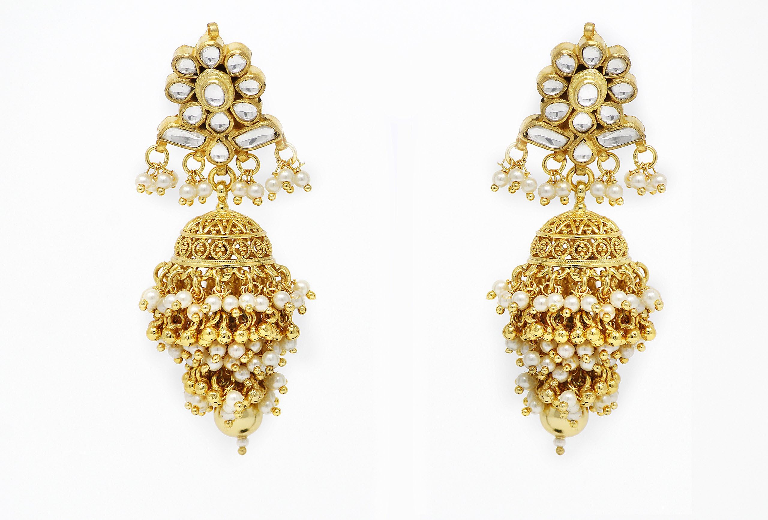 Shakam Jewellery Fancy Party Wear Gold Plated American Dimonds Traditional Jumka Earrings with White pearls for Girls and Women