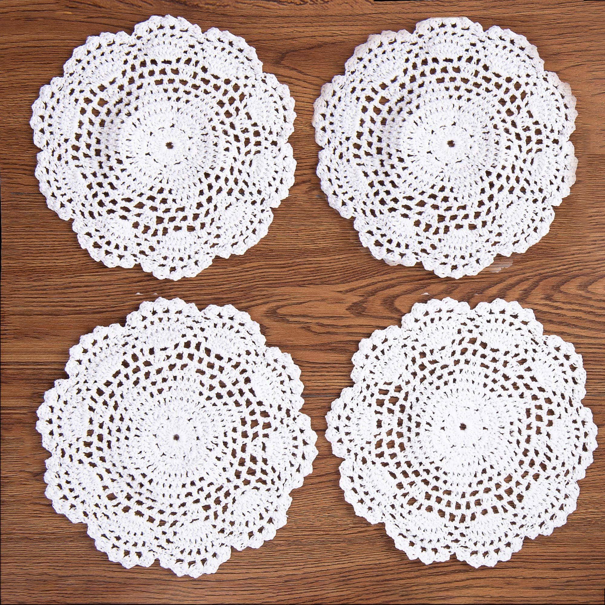 EiYYA Handmade Cotton Crochet Doilies Lace Table Placemats Coasters, 8inch/20cm 4-Piece (White)