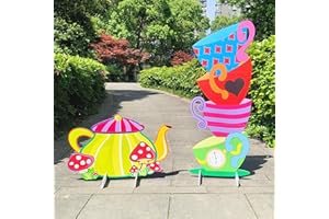 BRALEO Alice Party Decorations Wonderland Yard Decor,Garden Tea Party Decorations Yard Stakes Stand Set, 1 Set Stacked Teacups and 1 Set Teapot with Brackets
