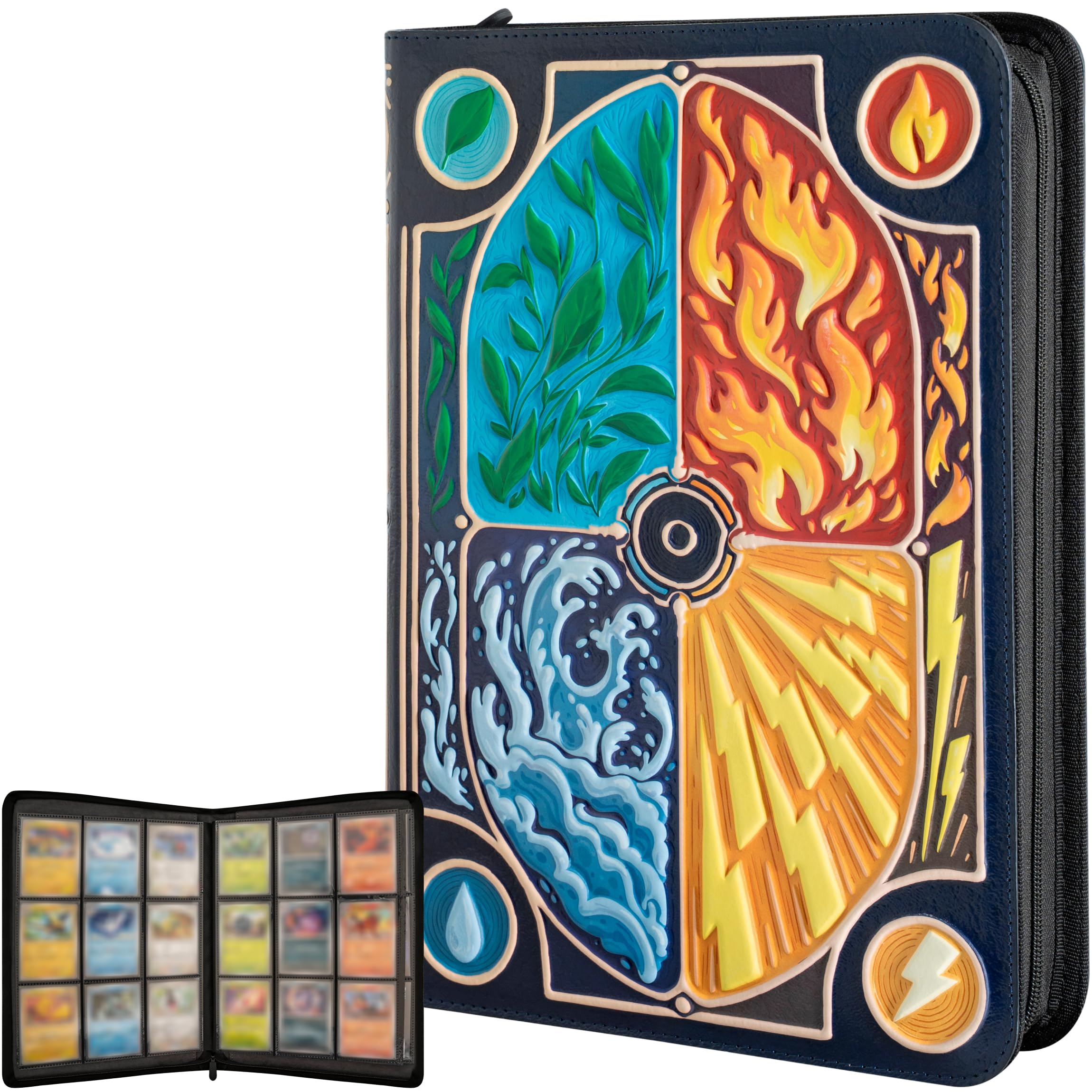 3D Card Binder for Pokemon - Stunning 3D Raised Elemental Design in PU Leather with Zipper - Includes 9 Pocket Pages for 360 Cards. Great Sleeve Album/TCG Holder/Trading Card Collection Book Gift.