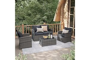 JOIVI 4 Piece Outdoor Patio Furniture Set, All-Weather Wicker Patio Conversation Set, PE Rattan Sofa Set with Loveseat Chair and Tempered Glass Coffee Table, Dark Gray