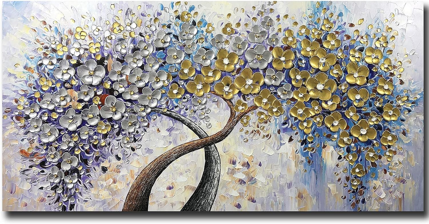 Paintings - V-inspire Art,24x48 Inch Modern 100% Hand Painted Lucky Tree Oil Paintings Acrylic Painted Wood Frame Decoration Abstract Canvas Wall Art Living Room Bedroom Dining Room Home Ornament