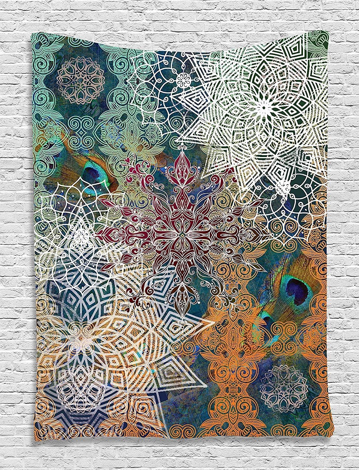 Ambesonne Ethnic Tapestry, Vintage Style Oriental Composition with Mandala Flowers and Peacock Feathers, Wall Hanging for Bedroom Living Room Dorm Decor, 40