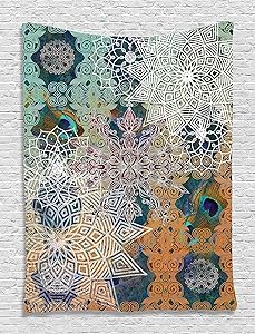 Ambesonne Ethnic Tapestry, Vintage Style Oriental Composition with Mandala Flowers and Peacock Feathers, Wall Hanging for Bedroom Living Room Dorm Decor, 40