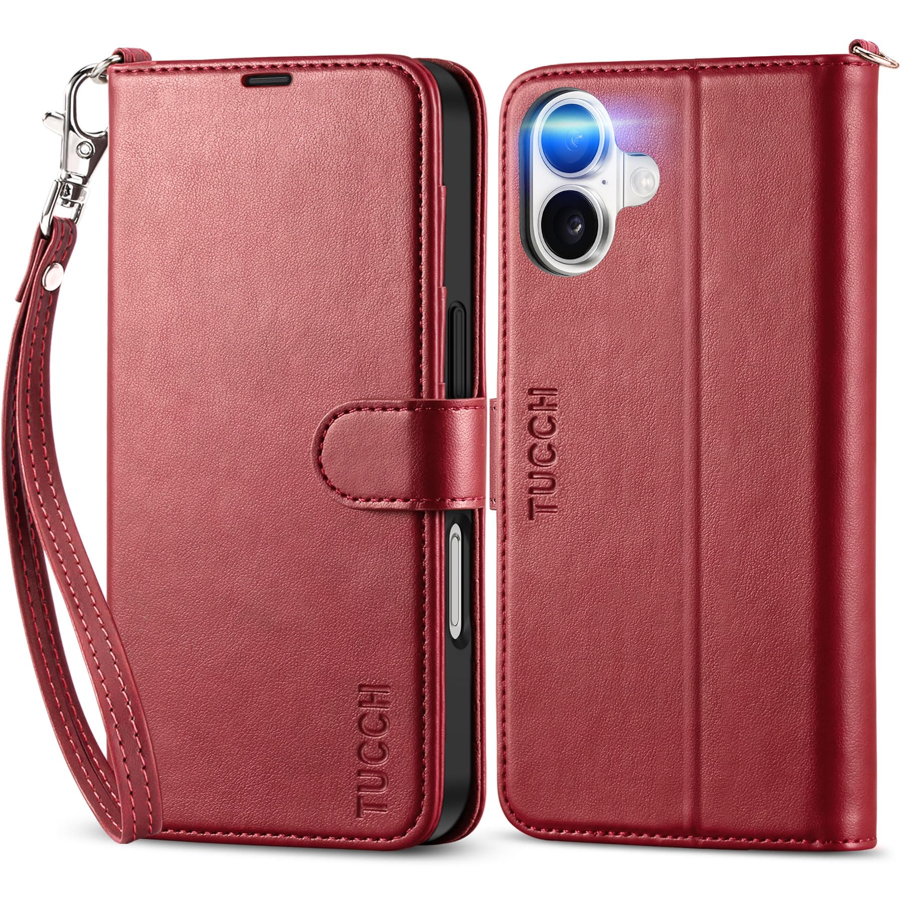 TUCCH Wallet Case for iPhone 16 (6.1") 2024 5G, Magnetic PU Leather Foldable Case with Wrist Strap, RFID Blocking, Credit Card Holders, Shockproof TPU, Protective Stand Cover for Women Men, Dark Red