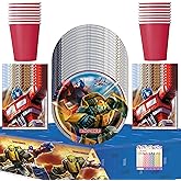 Transformers Party Supplies Pack for 16 Guests – Includes 9" Plates, Napkins, Cups, Table Cover & Birthday Candles – Official Transformers Birthday Decorations Set for Kids