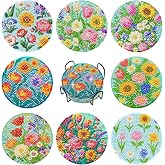 Laniidae Diamond Art Coasters Kits with Holder 8 Pcs Flower | Non-Slip,4x4In for Adults,for Home Office Decor