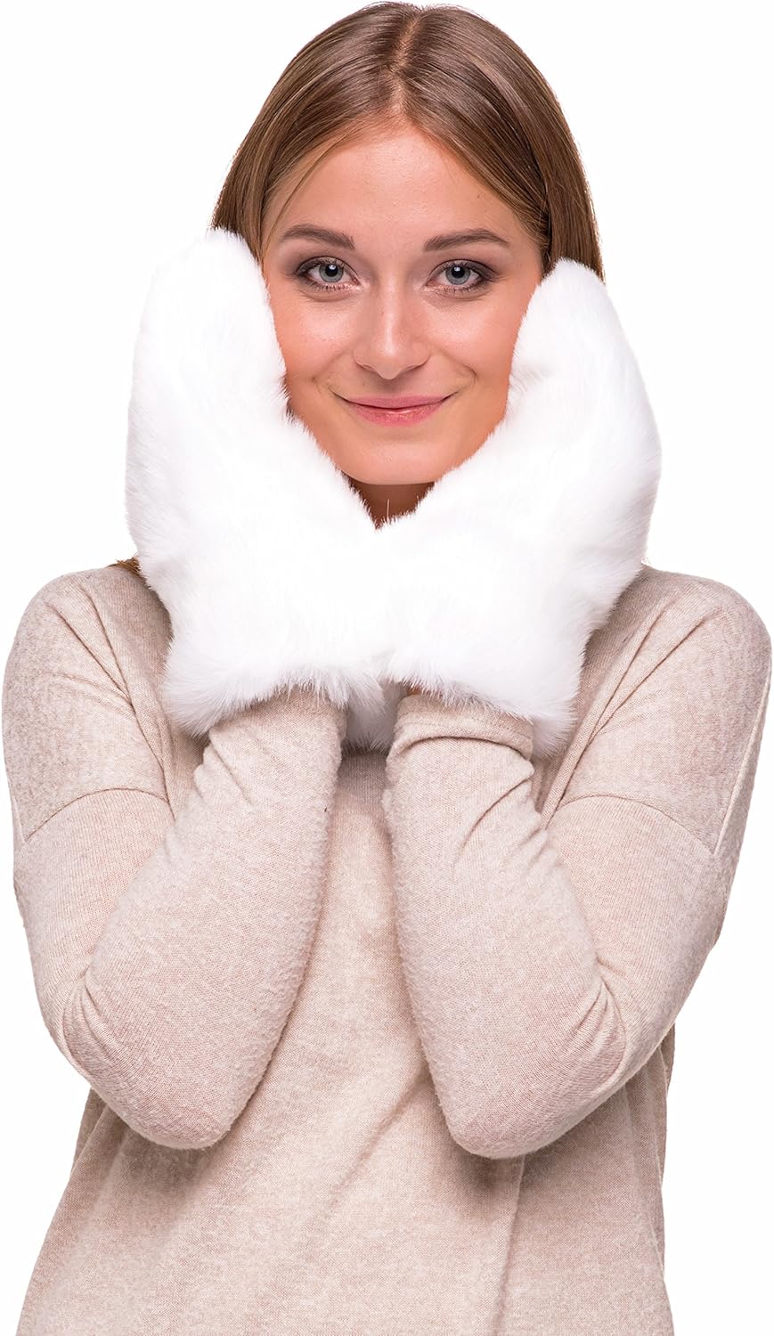 Futrzane Faux Fur Winter Gloves for Women - Rabbit Fur Lined Natural Mittens (White) at  Women’s Clothing store