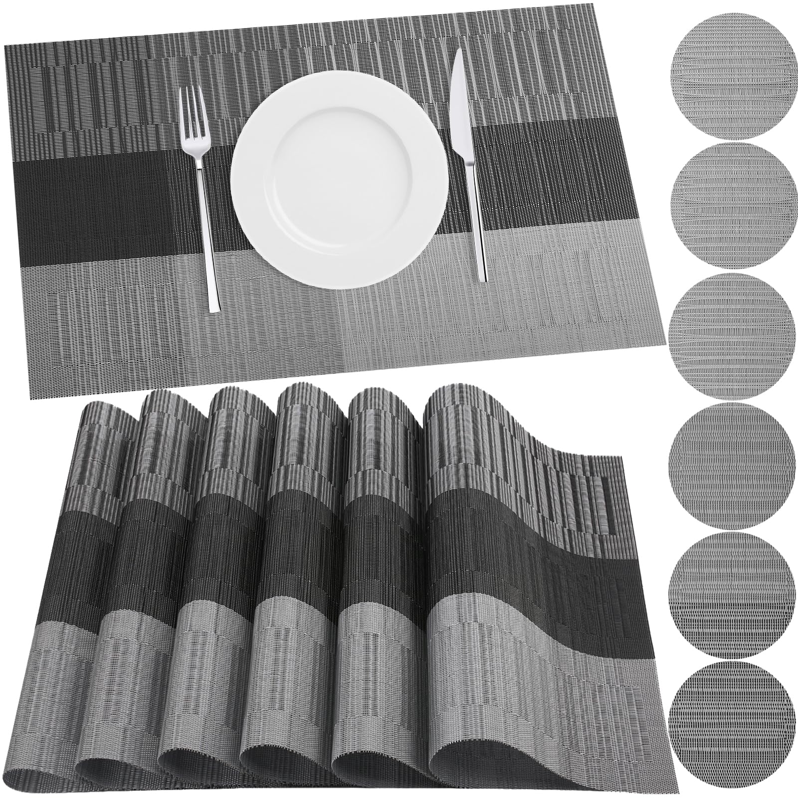 HEYOMART Placemats and Coasters Sets of 6, PVC Vinyl Place Mats Non-Slip Heat Resistant Washable Table Mats for Kitchen Dining Table Home Restauran, Grey & Black — image 1