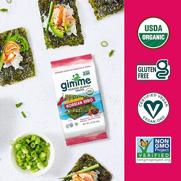 GIMME SEAWEED ORGANIC PREMIUM ROASTED SEAWEED SNACKS, KOREAN BBQ, 6 COUNT, KETO, VEGAN, GLUTEN-FREE, GREAT SOURCE OF OMEGA3S AND IODINE, HEALTHY ON-THE-GO SNACK FOR KIDS AND ADULTS