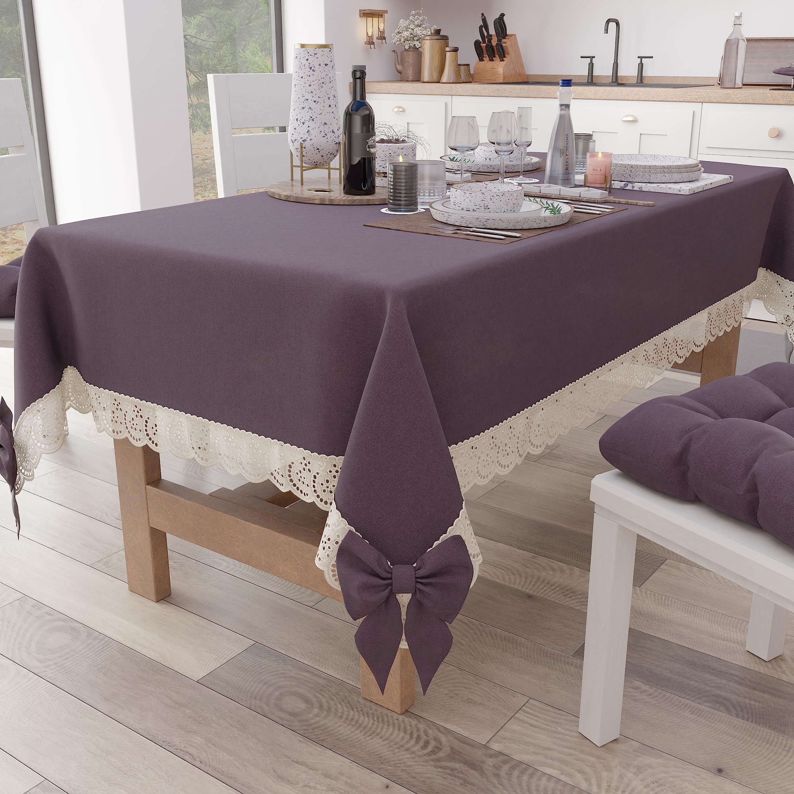 PETTI Artigiani Italiani - Tablecloth Rectangular Kitchen Tablecloth with Sangallo Lace and Bows Plain Cotton Tablecloth X12 Seater (140 x 240 cm) Mauve