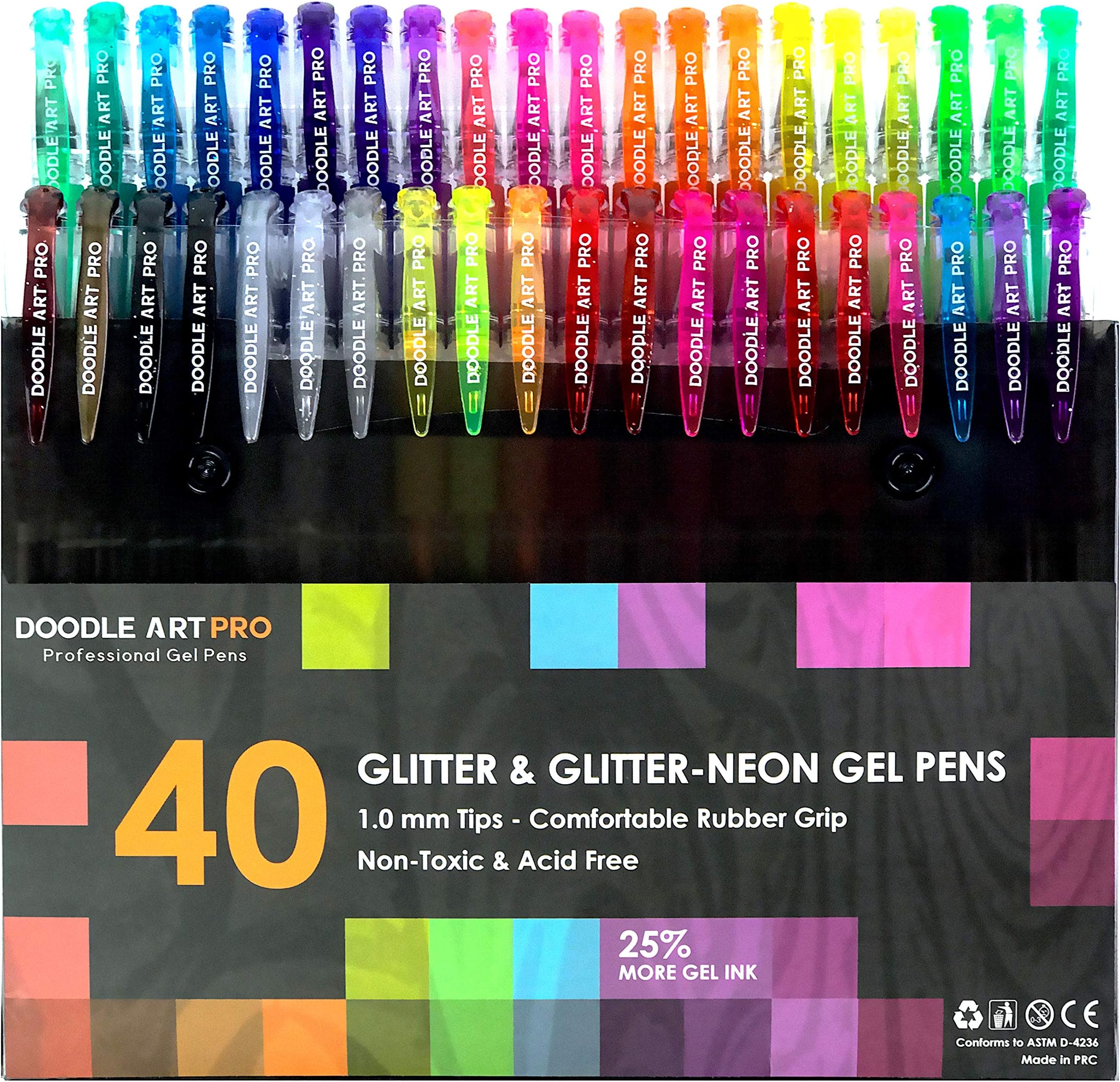 Glitter Gel Pens by Doodle Art Pro-40 Professional Glitter Neon Coloring Pens Set-25% More Ink-Unique Glitter Markers-Perfect for Adult Coloring Books
