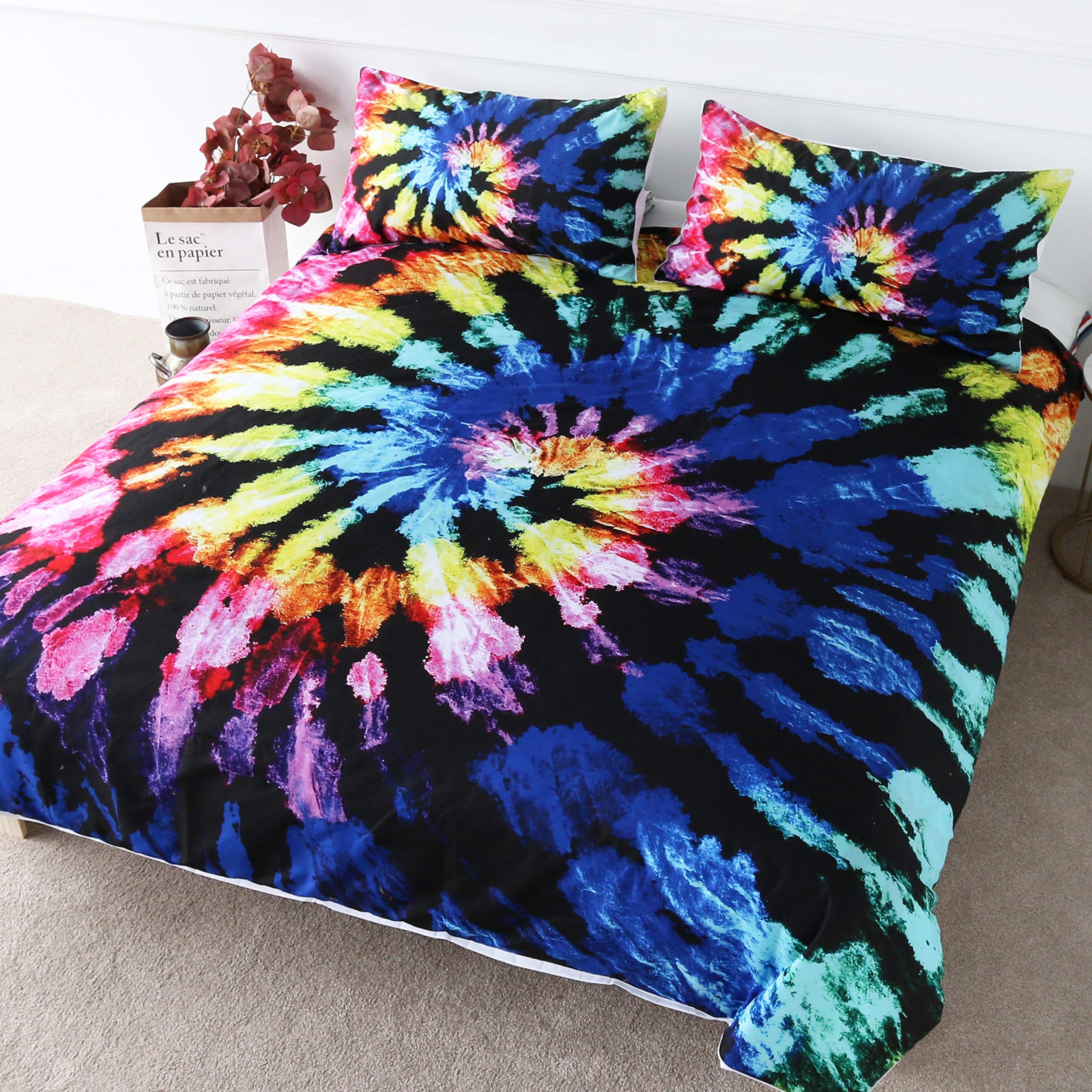 BlessLiving Retro Tie Dye Duvet Cover Boho Chic Dyed Bedding 3 Pieces Blue Pink Colorful Gypsy Bed Set (Double)