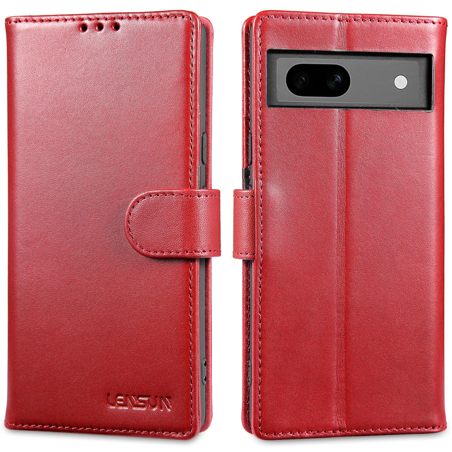LENSUN Genuine Leather Case for Google Pixel 7a, Flip Wallet Phone Cover [RFID Blocking] with Card Holder and Magnetic Closure Compatible with Google Pixel 7a - Wine Red