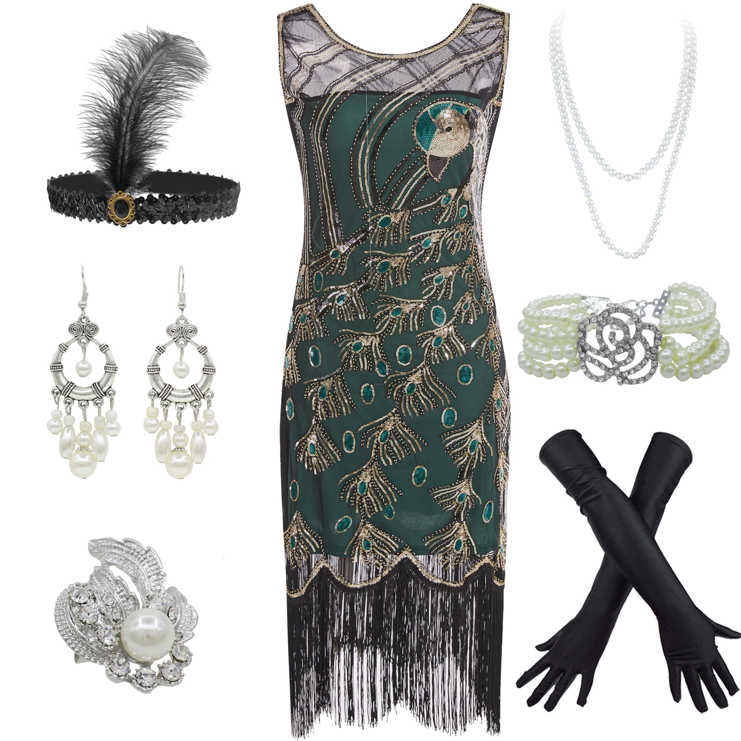 Photo 1 of **STYLE DIFFERS NOT PEACOCK*** 1920s Vintage Sequin Fringed Party Flapper Dress w 20s Accessories Set (S, Green)