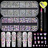 Crystal Ab Nail Rhinestones - 12 Types of Multi Shapes Diamonds & 12 Sizes Flatback Round Crystal Gem Stones - 3D Glass Nail Art Rhinestones Kit for Manicure Craft Decoration