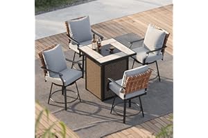 Grand patio 5-Piece Swivel Patio Bar Set with Fire Pit Table 40,000 BTU Heat Output, Leather-Look Wicker Outdoor Height Patio Bar Stools Set of 5, Patio Bar Height Chairs with High Back and