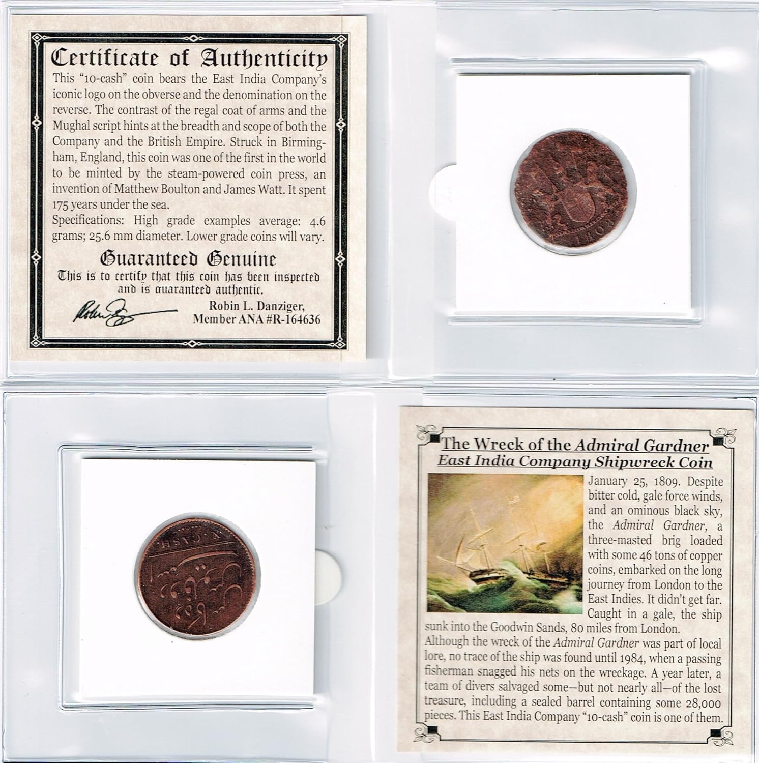 1808 UK 1808 Gardner Shipwreck East India Co 10 CASH Coin,Mini Album,Certificate,Story. circulated