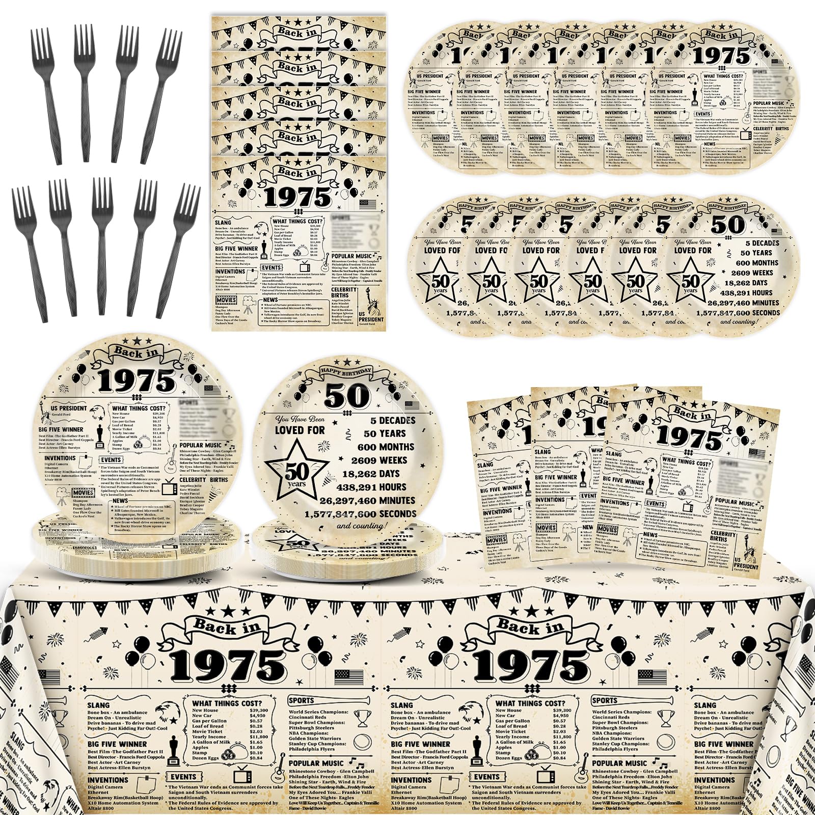 Photo 1 of ** FACTORY SEALED**50th Birthday Tableware Set for Back in 1975 Birthday Party Supplies Vintage 50 Year Old Themed Paper Dessert Plates Napkins Tablecloths Serves 24 Guests 1975 Retro 50th Parties Decorations Favors