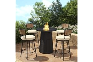 PIZZELLO 5-Piece Patio Swivel Bar Set with 37" Height Propane Round Firepit Table and High Swivel Stools Chair Set of 4, Outdoor High Top Bistro Set for Poolside, Garden, Balcony(Black)