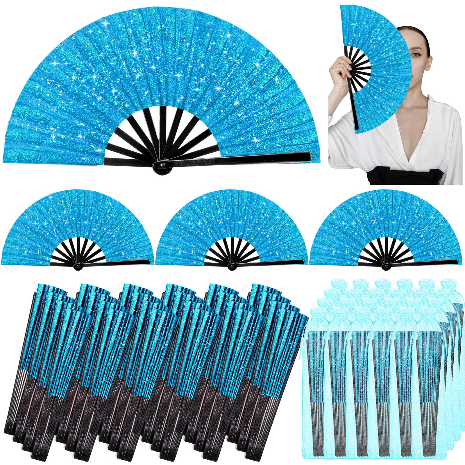 Photo 1 of Vercraft 24 Pcs Large Glitter Rave Fan Bulk, Folding Handheld Glitter Fans with Organza Bag, Clacking Fans for Line Dancing Wedding Party Performance Events(Blue)