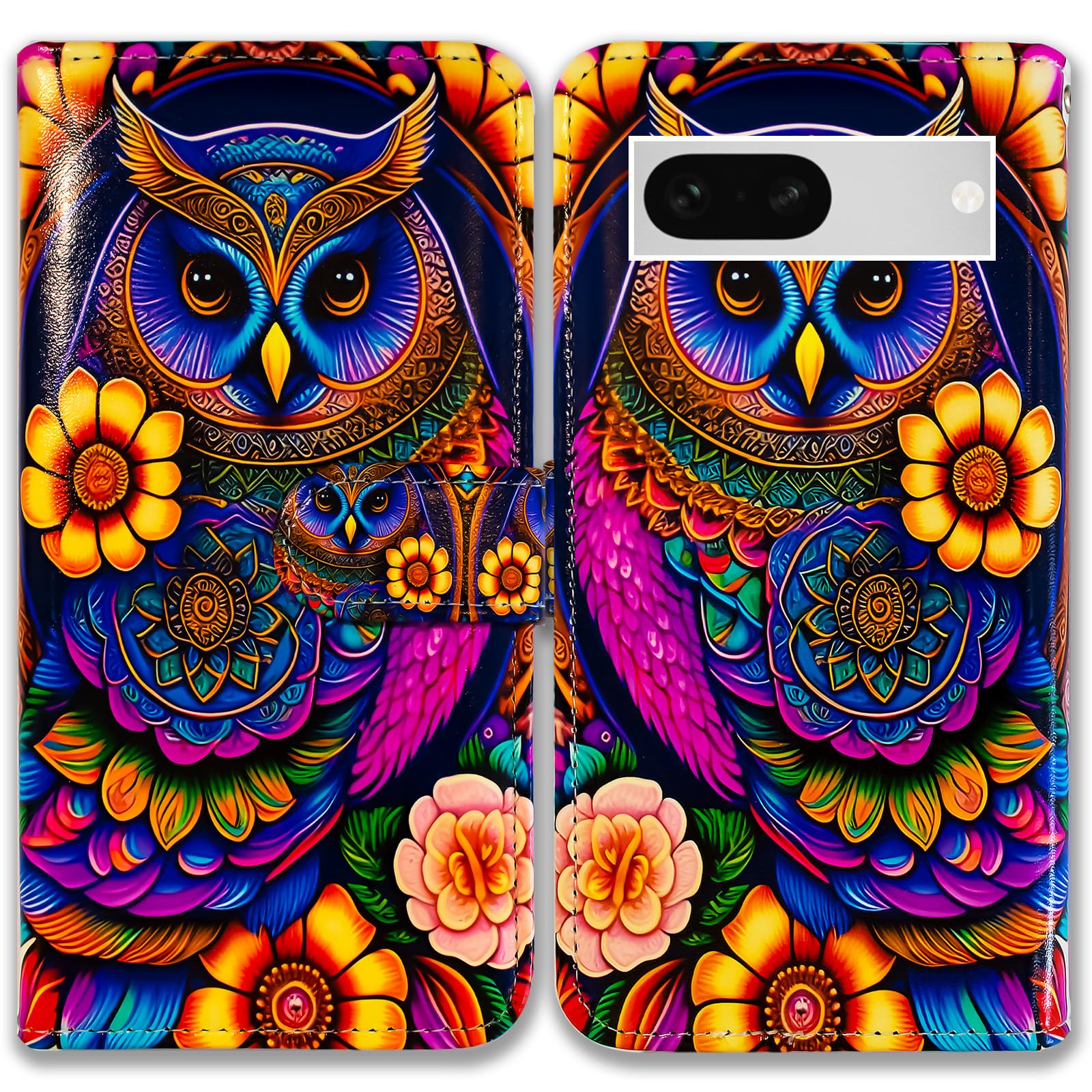 Bcov Case For Pixel 8a,Colorful Owl Mandala Flower Leather Flip Phone Case Wallet Cover with Card Slot Holder Kickstand For Google Pixel 8a