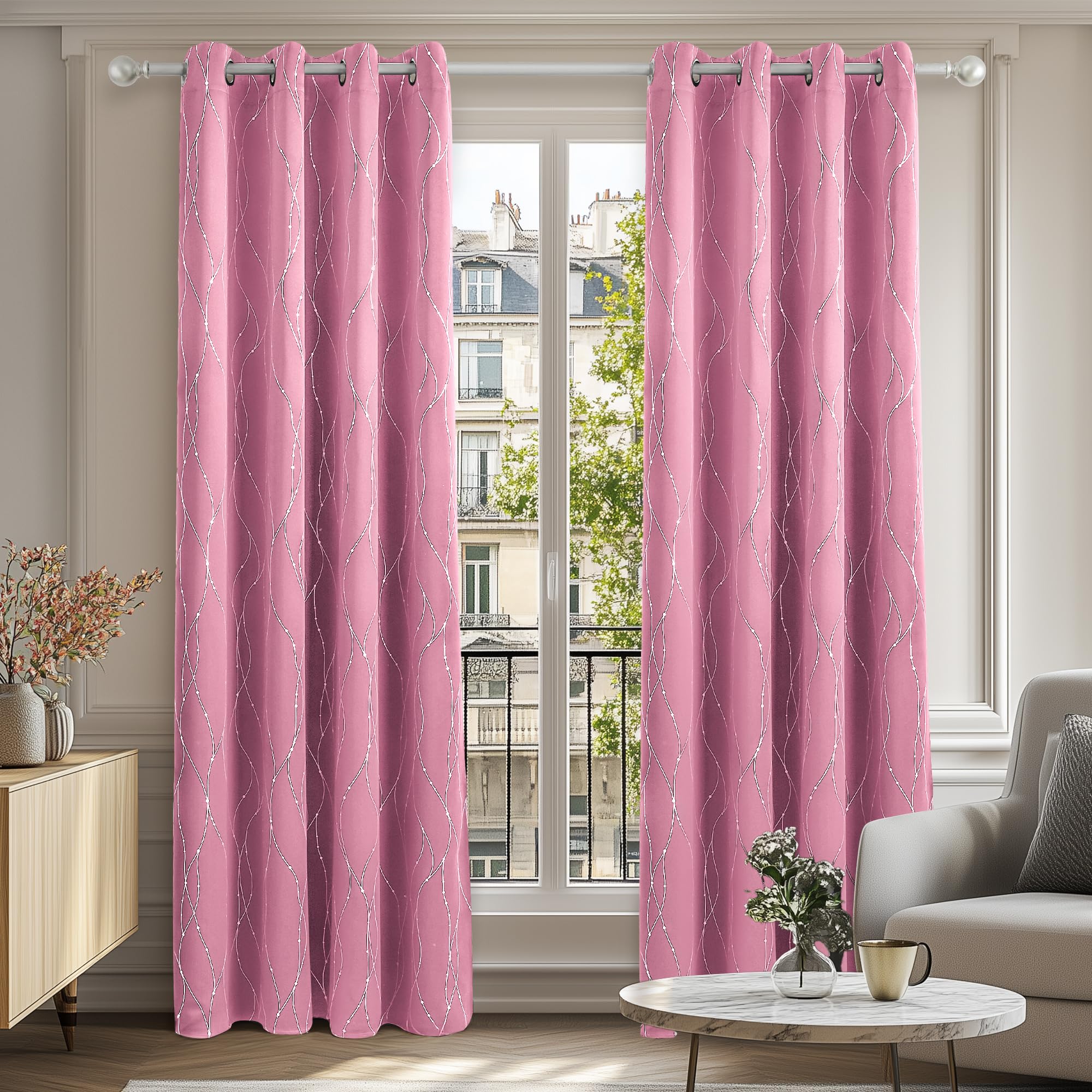 Deconovo Dot Line Foil Printed Blackout Curtains Thermal Insulated Super Soft Energy Saving Eyelet Curtains for Living Room 52 x 84 Inch Pink 1 Pair