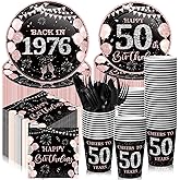Ninehaoou 240 Pcs 50th Birthday Decorations 1976 Birthday Party Tableware Include Plates Napkins 9oz Cups Cutlery 50th Anniversary Party Supplies for Men Women Him Her, Serve 30 Guests (Black Pink)