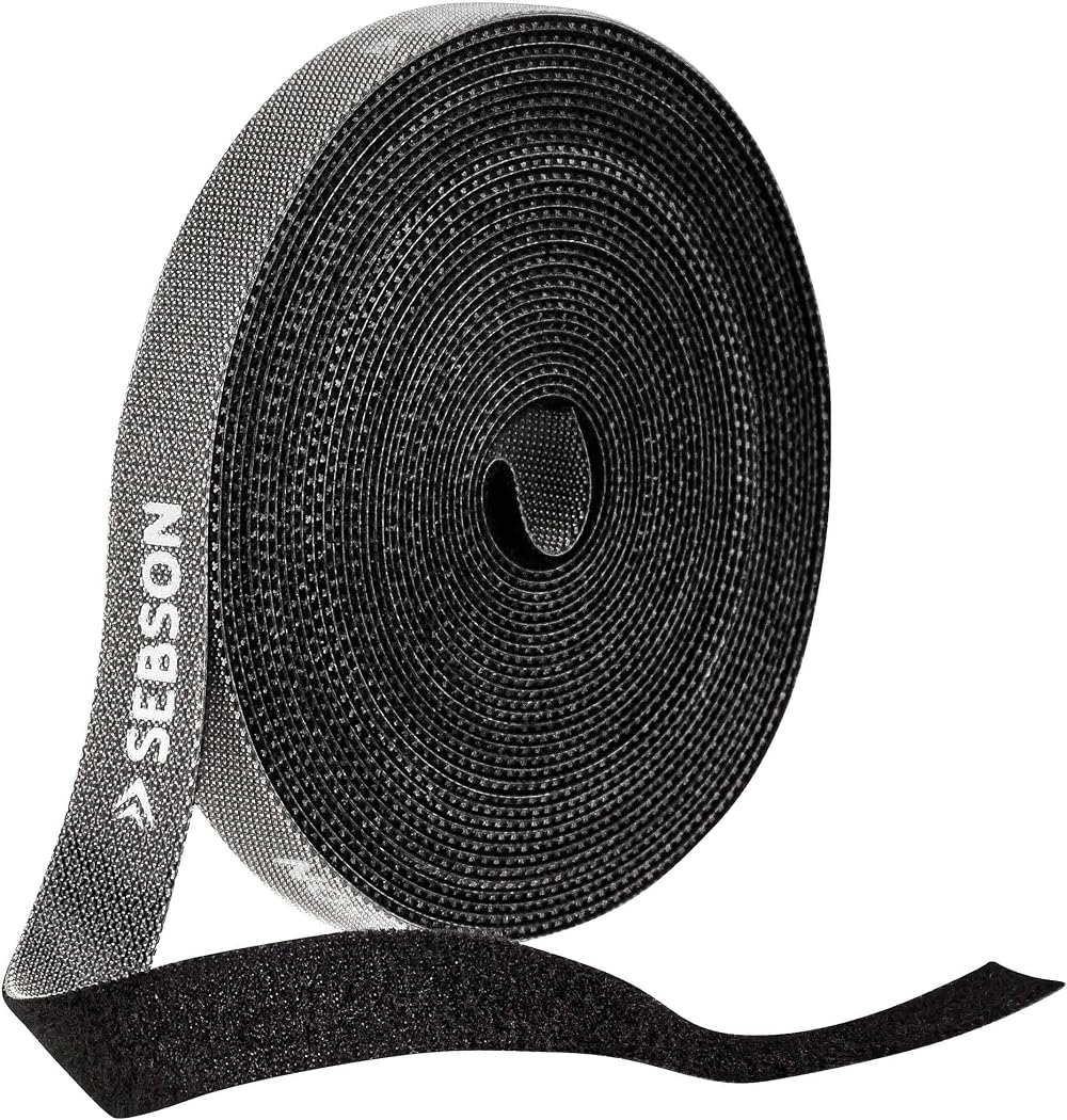 SEBSON Reusable Cable Ties Black 10m Roll 12mm Wide Adjustable Hook Loop